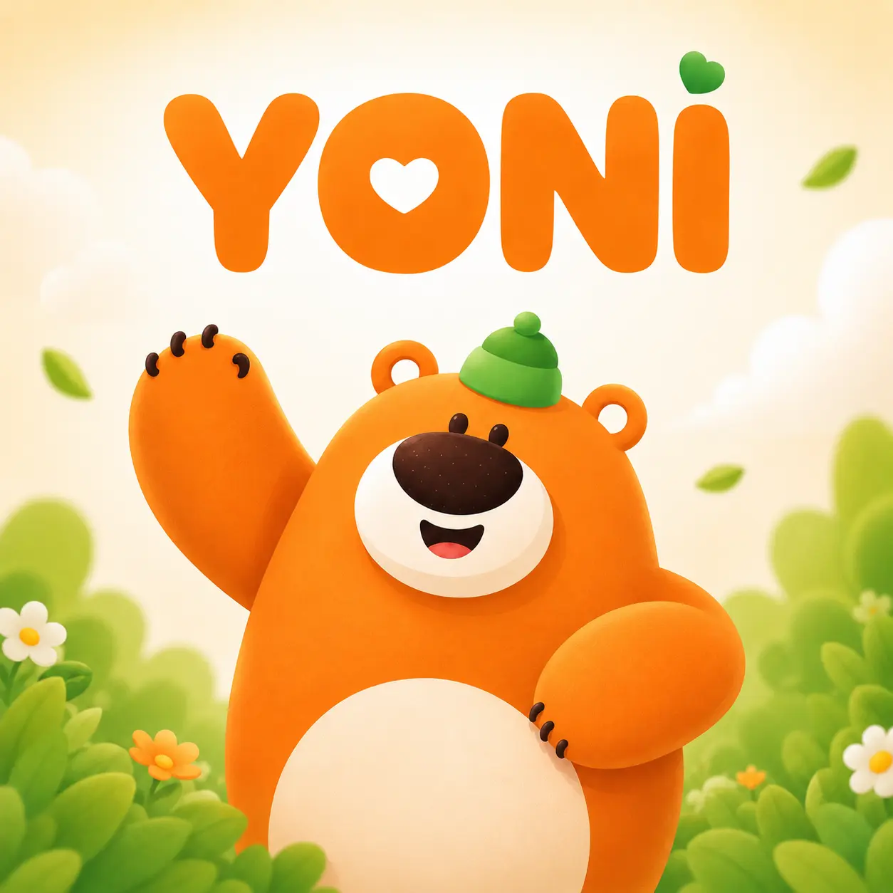 Yoni, an orange bear wearing a green beanie, waving hello