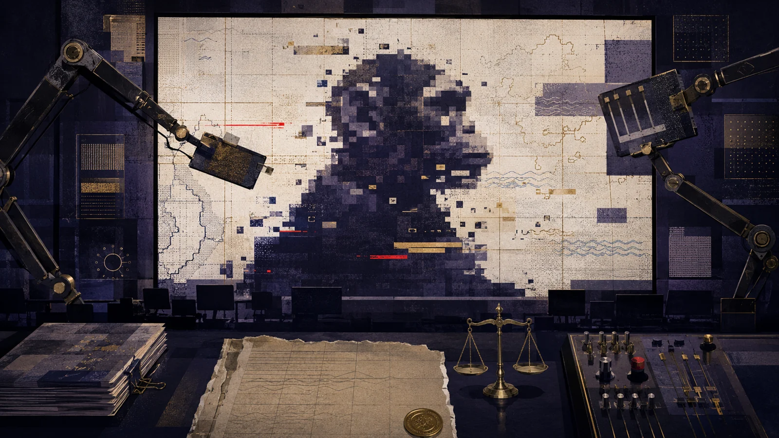 Conceptual editorial illustration of a fragmented AI-manufactured image being manipulated inside a newsroom